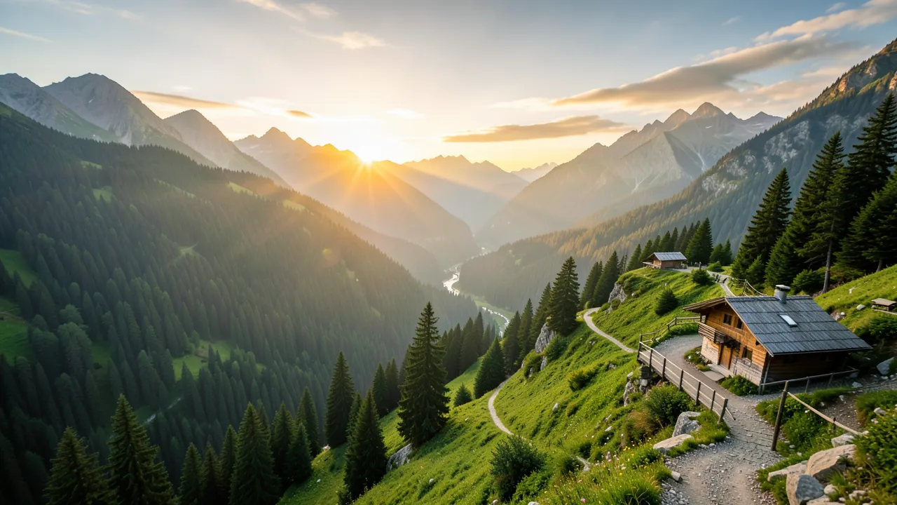 Blick von einem Berghang auf ein Tal mit dichtem Grünwald und in der Ferne liegenden Bergen, im goldenen Abendlicht mit etwas Dunst und einem erkennbaren Wanderweg.